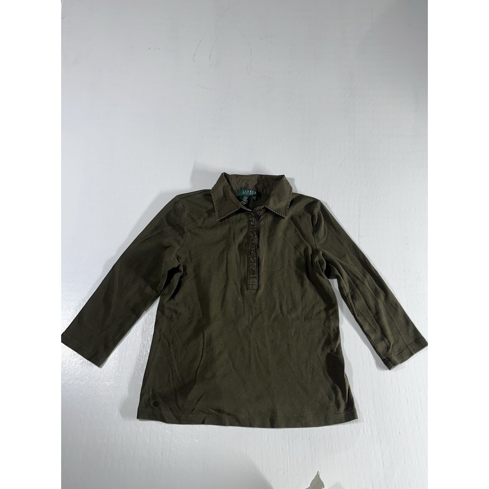 Lauren Ralph Lauren Polo Shirt Womens Size Petite Medium Green 3/4 Sleeve Top